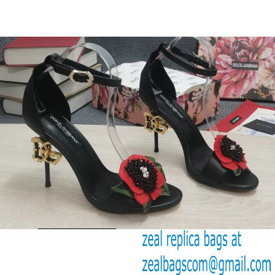 Dolce & Gabbana DG Logo Heel 10.5cm Black Red Roses Sandals Black 2022 - Click Image to Close